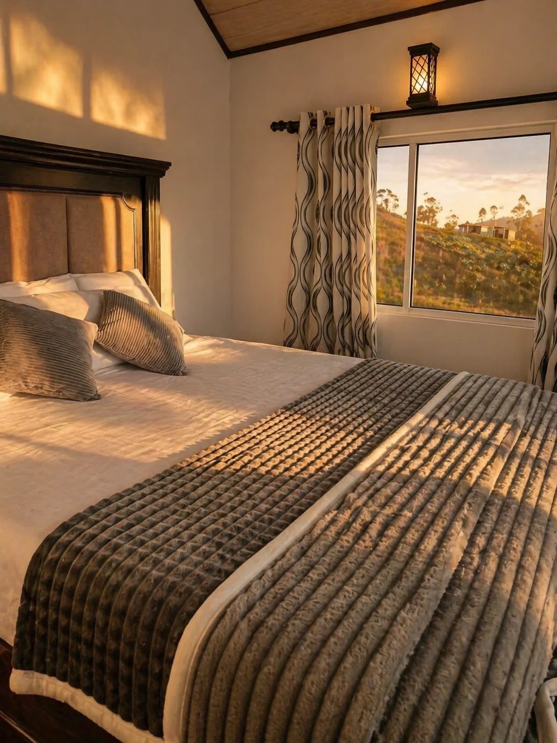 Bedroom with a large bed, soft sunset light, and hillside view through the window