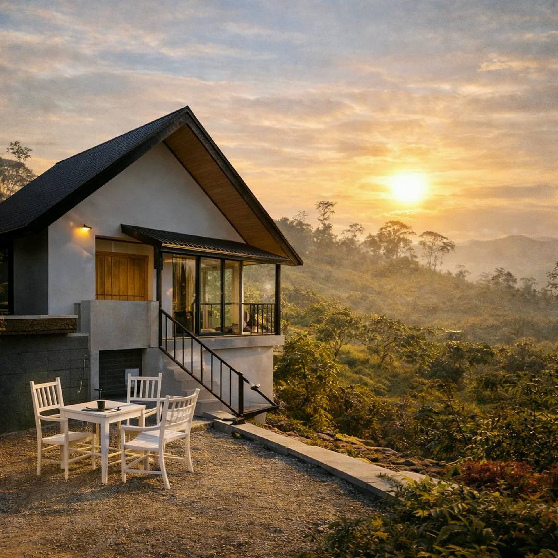 Moon Mist Villa at sunset surrounded by tea country hills