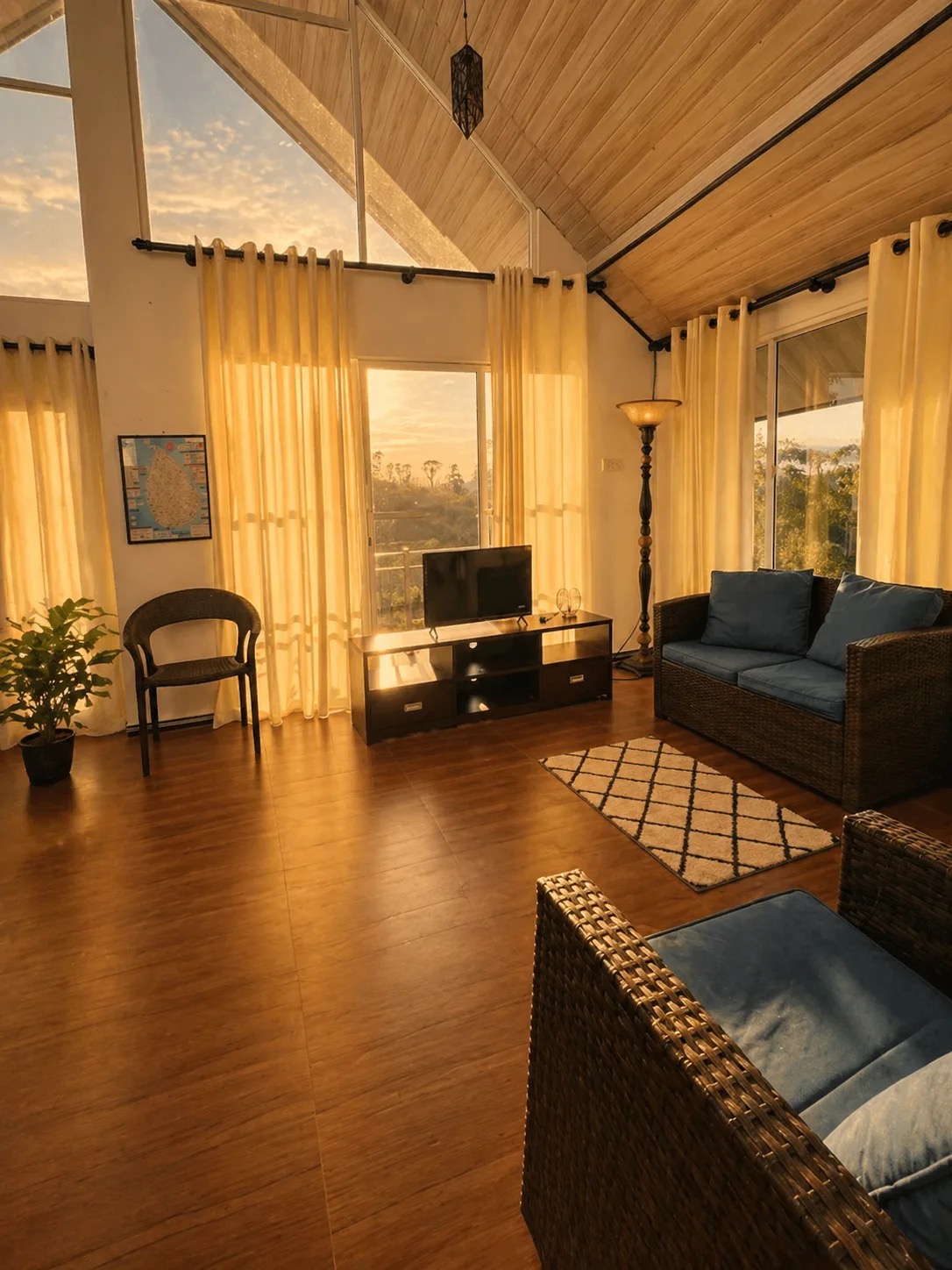 Warm living area with high timber ceiling, curtains, sofa, and sunset light