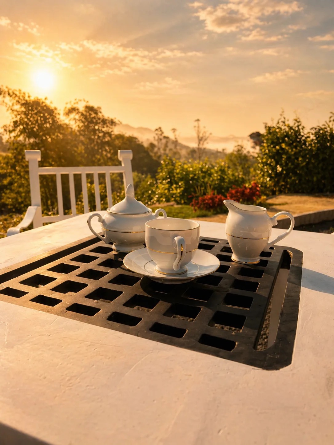 Tea set on an outdoor table at golden hour with garden and mountain views
