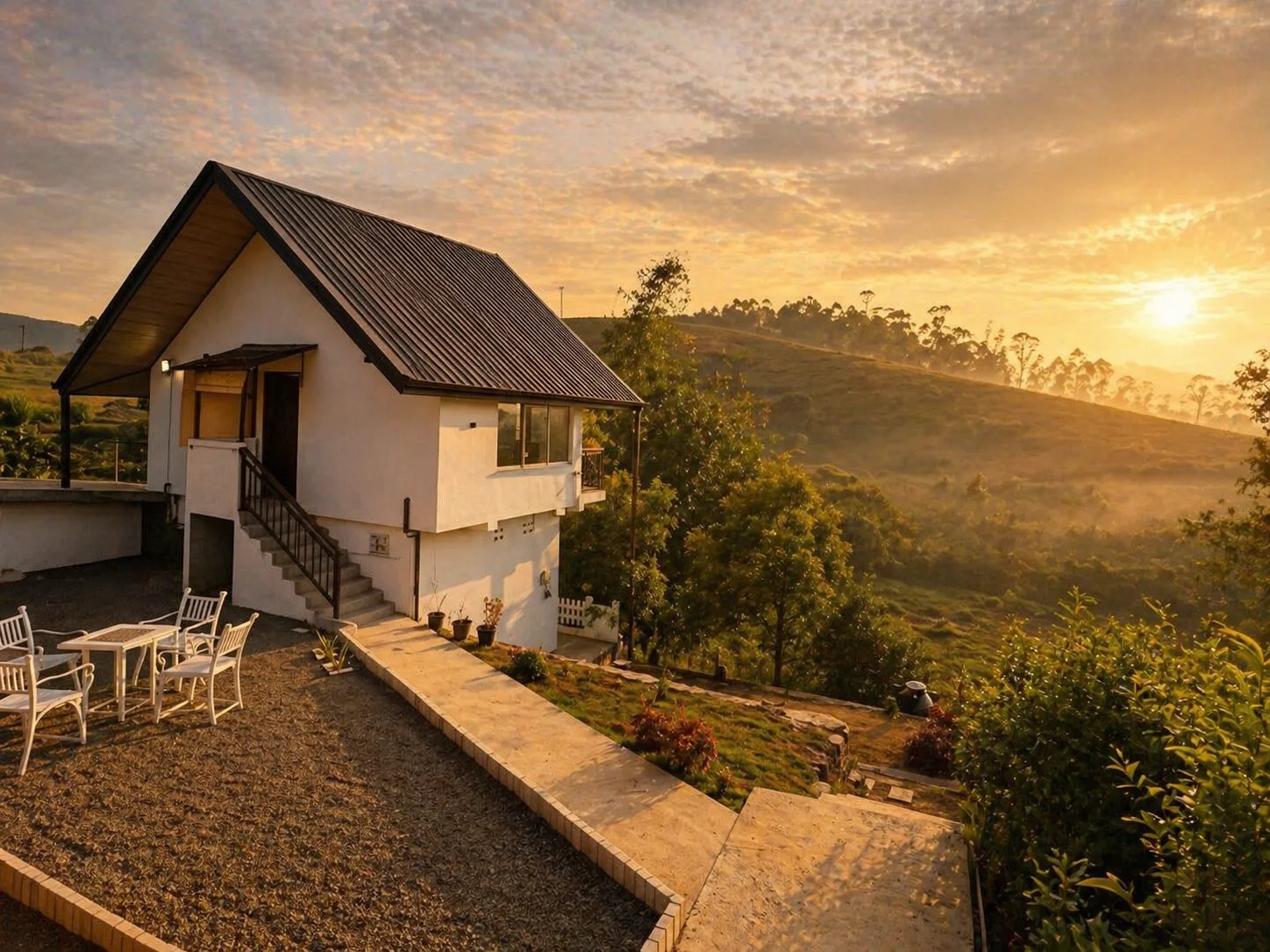 Moon Mist Villa exterior at sunset overlooking tea-country hills